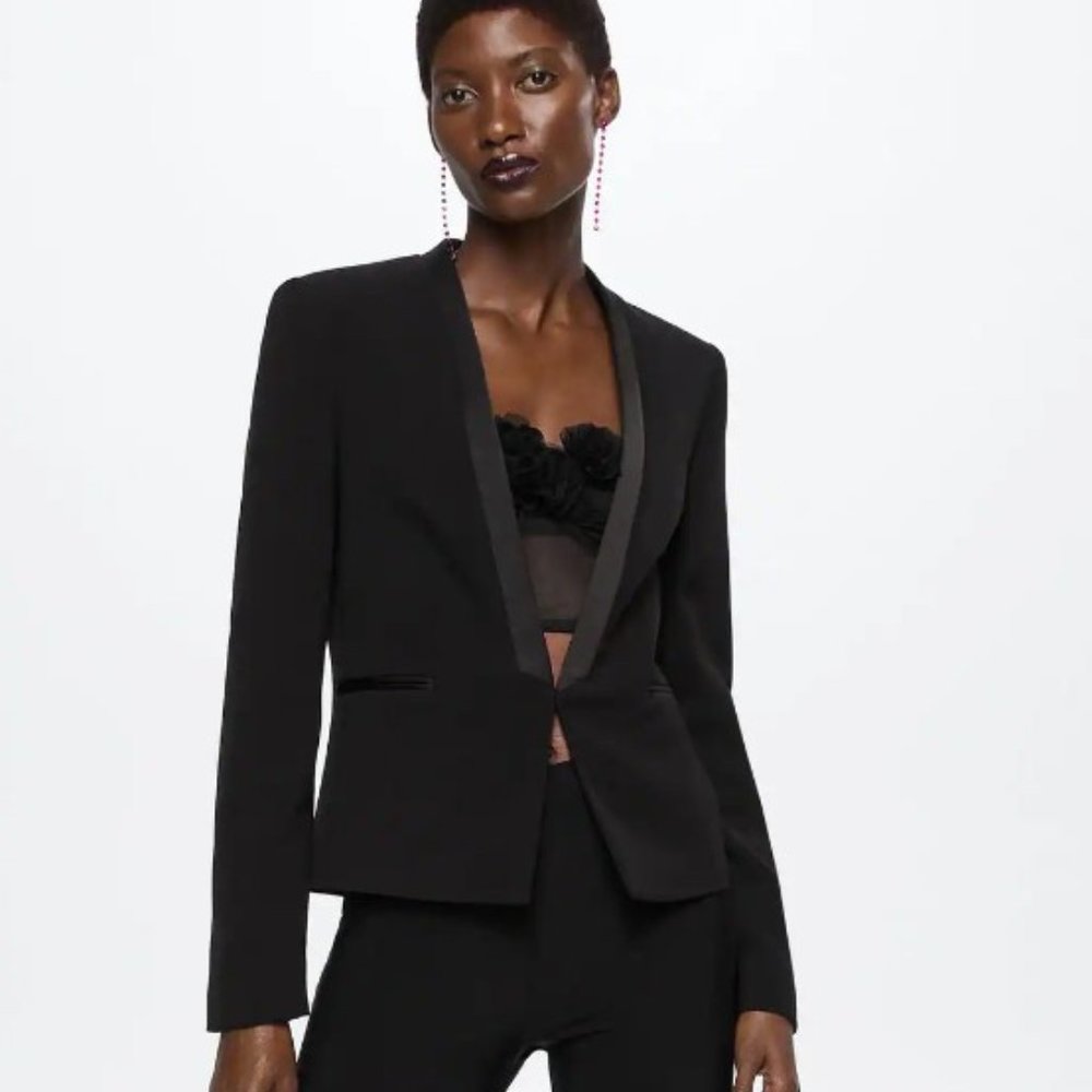 Mango Satin Detail Blazer, Black, Small